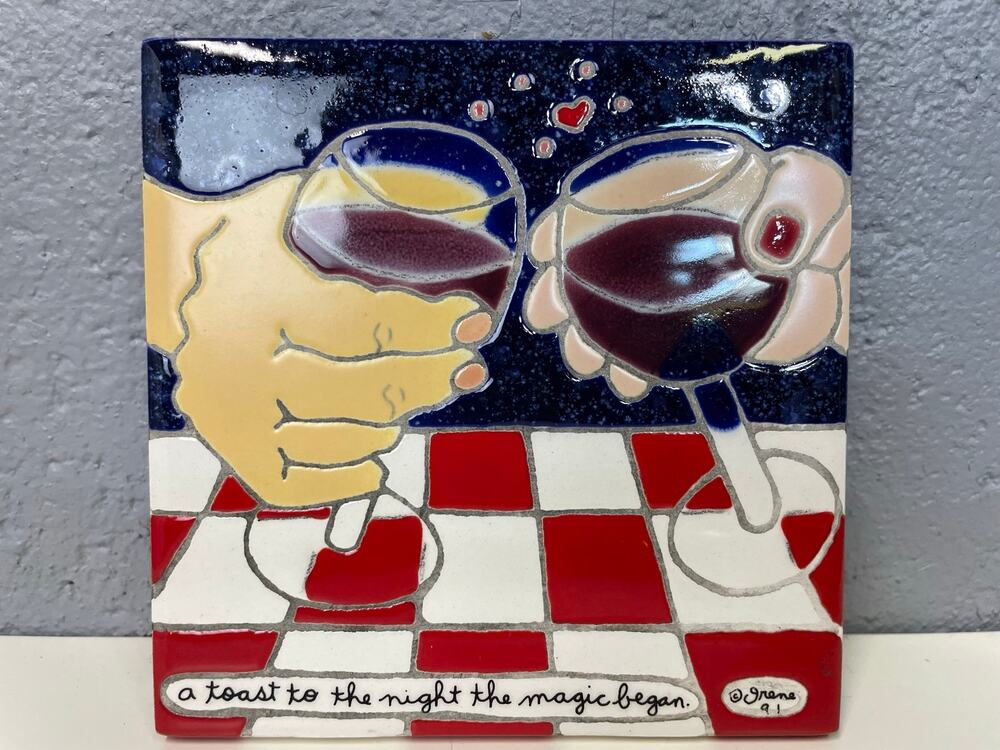 Vintage 1990s Decorative Ceramic Tile Trivet Irene Otis 91 A Toast to the Night